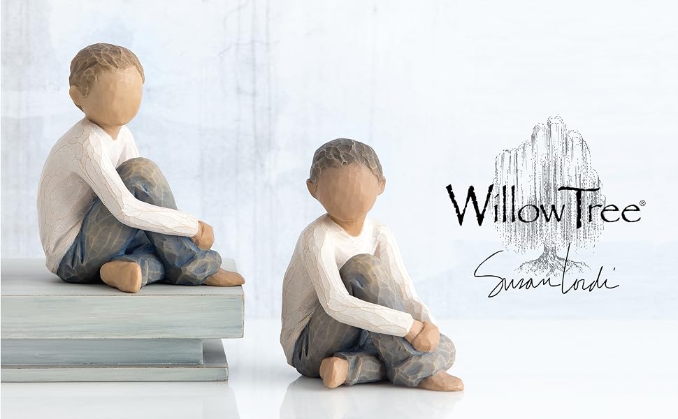 Willow Tree Caring Child, figures of a seated boy with arms around raised knee.