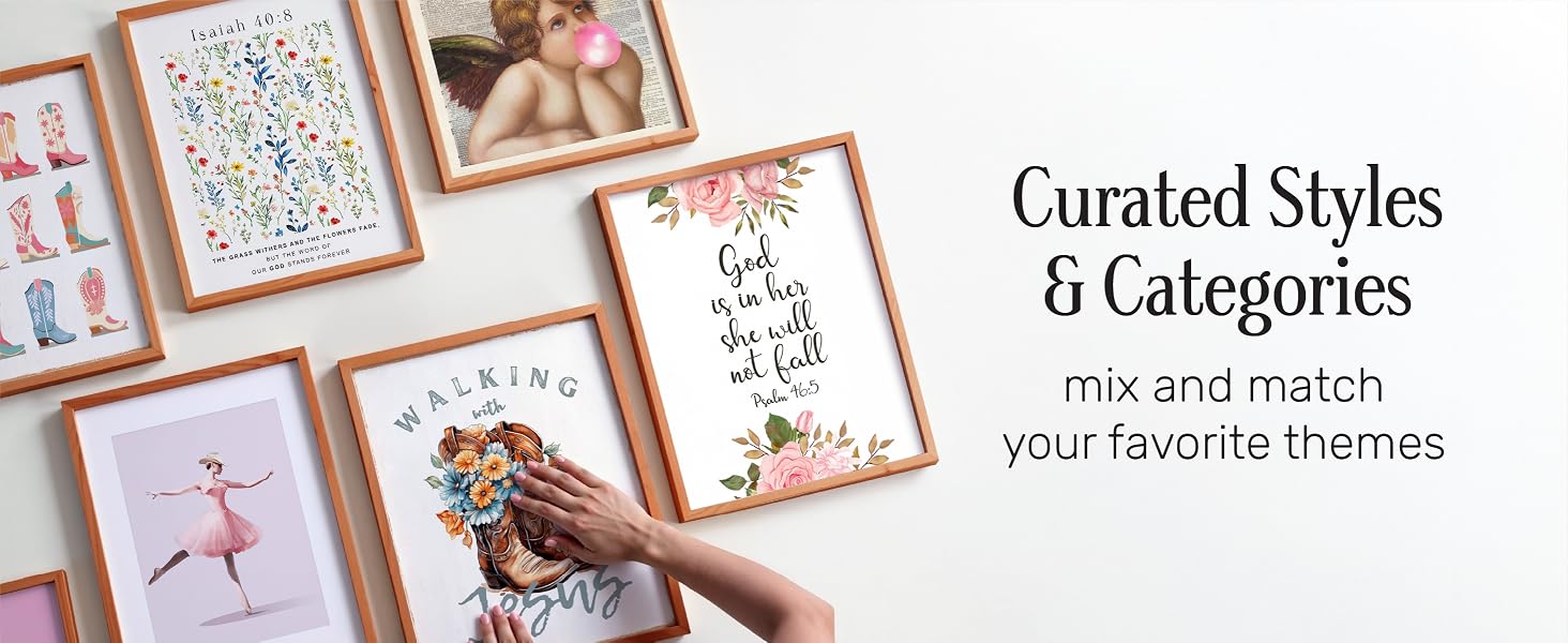 Curated mix of framed art prints in different styles and categories on white background