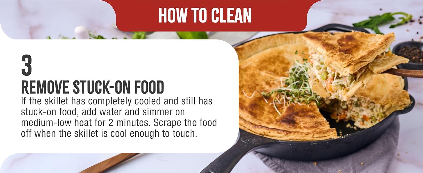 A cast-iron baking skillet cooking cornbread. Text reads: Remove stuck-on food.
