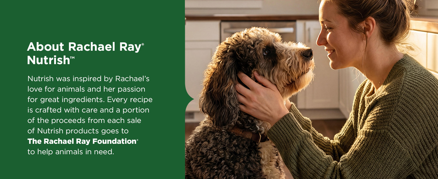 Woman petting a dog in her kitchen. About the brand information on left panel