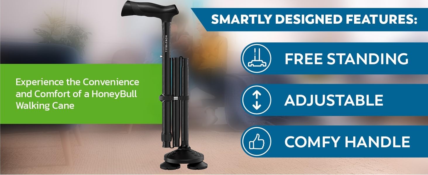 Walking Cane for Seniors and Adults, Adjustable, Free Standing with Ergonomic Handle
