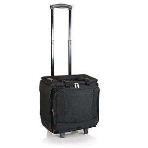 Black rolling cooler with extended telescoping handle; features durable wheels and pockets