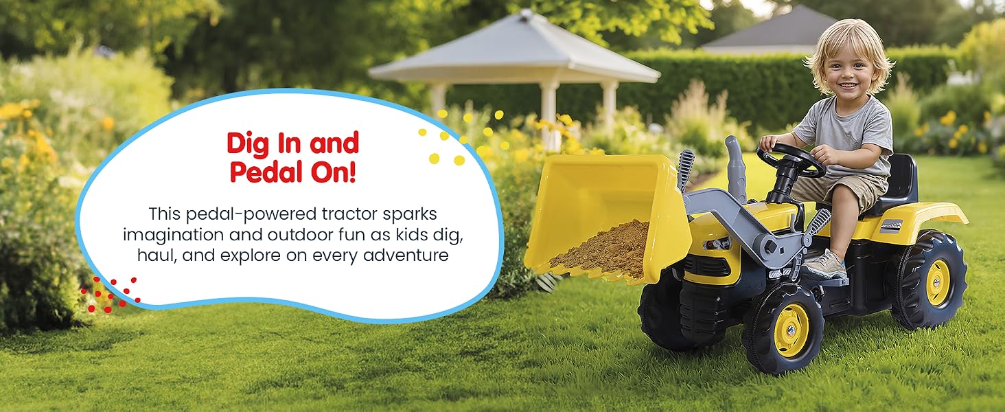 Child riding yellow pedal tractor outdoors. Text Reads: Dig In and Pedal On!