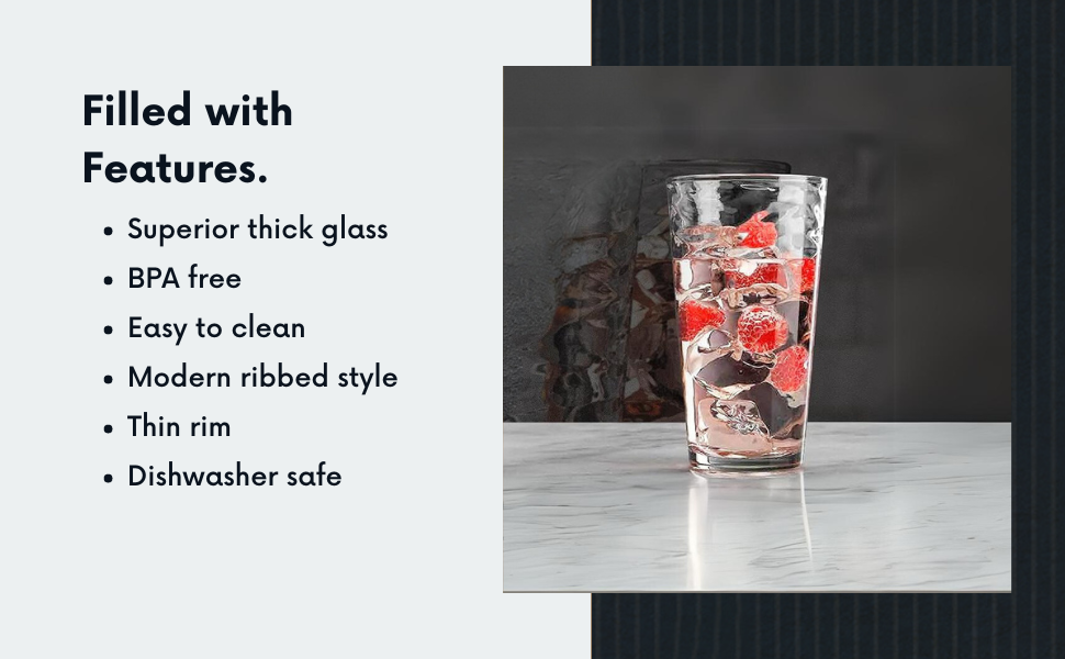 Superior Thick Glass, BPA Free, Easy to Clean, Modern ribbed, Thin Rim , Dishwasher, Set of 10