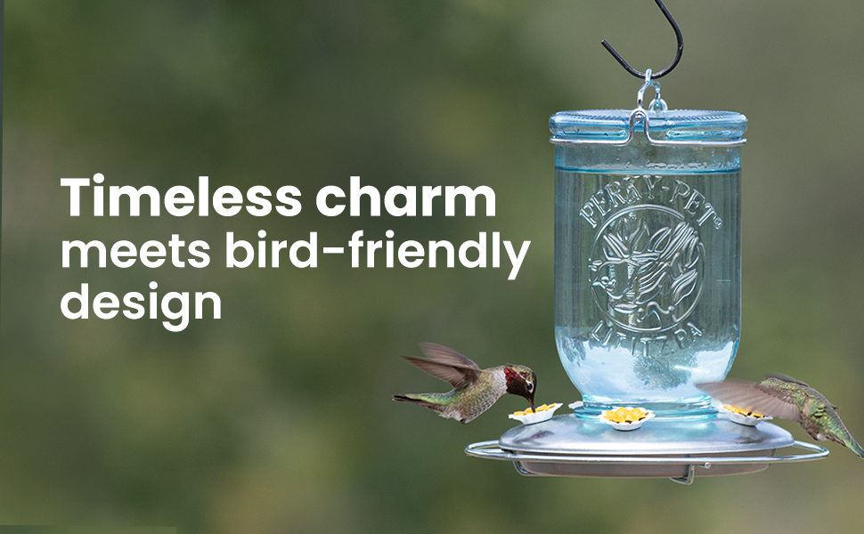Perky-Pet Mason Jar Glass Hummingbird Feeder offers timeless charm with vbird friendly design