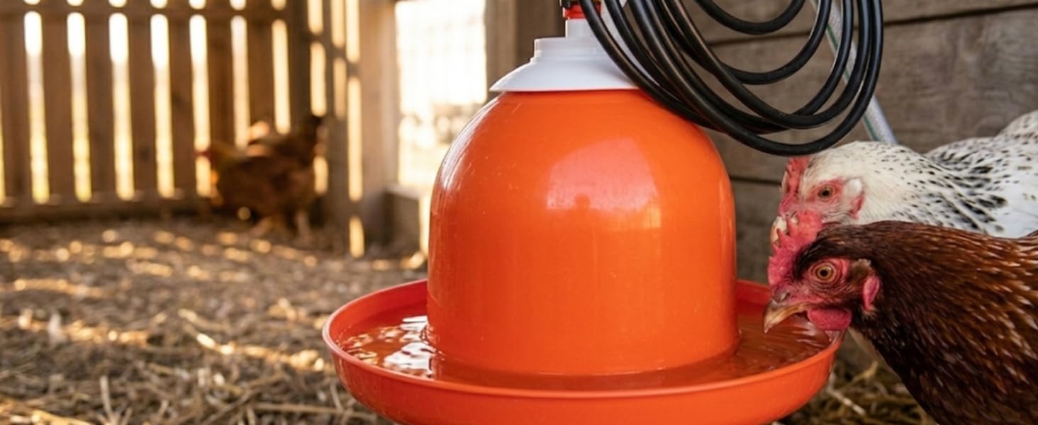bellmatic poultry waterer close up in a chicken coop with two chickens drinking