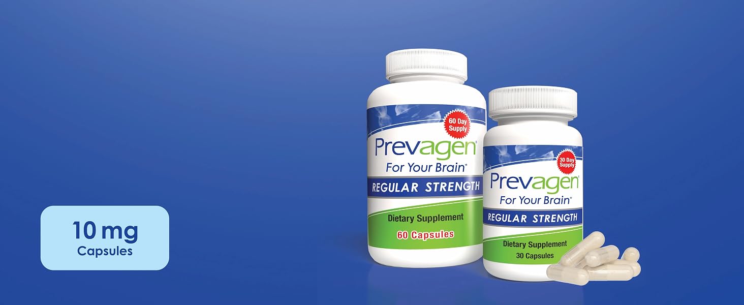 Prevagen Regular Strength 10mg 30 capsules and 60 capsules on blue background