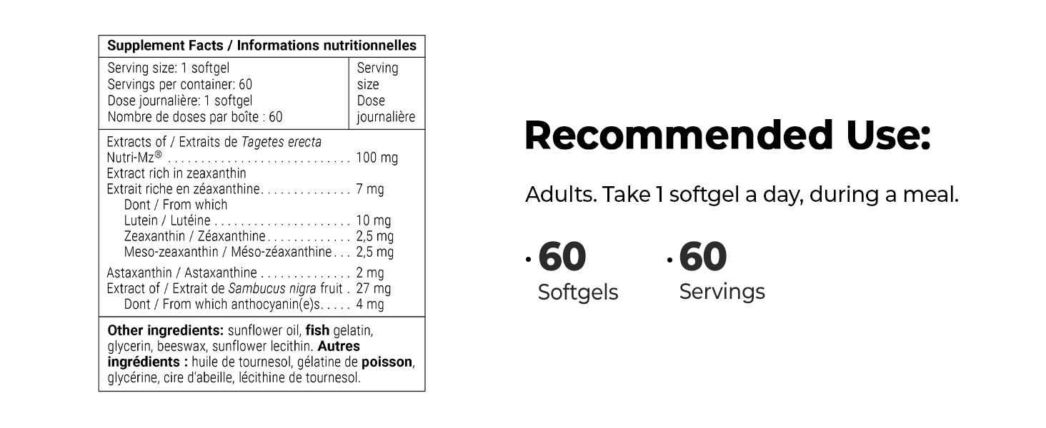 Supplement Facts Nutri-Mz Tagetes Erecta Lutein Zeaxanthin Meso Astaxanthin Sambucus Fruit