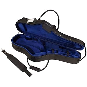 black tenor saxophone case with blue interior open and empty