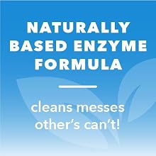Light blue leaves icon. Text reads “Naturally based enzyme formula: cleans messes others can’t.”