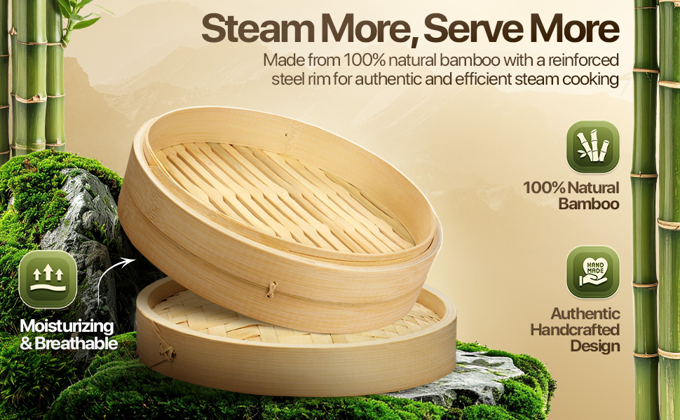 Close-up of finely woven bamboo tiers with steel rim surrounded by fresh herbs.