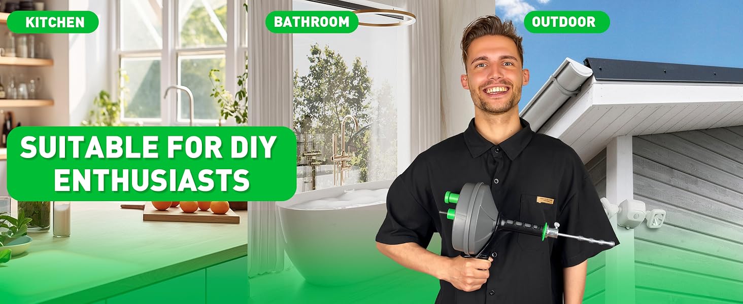 Multi-purpose cleaning tool advertisement showing kitchen, bathroom, and outdoor applications with green overlays and 'Suitable for DIY Enthusiasts' text.