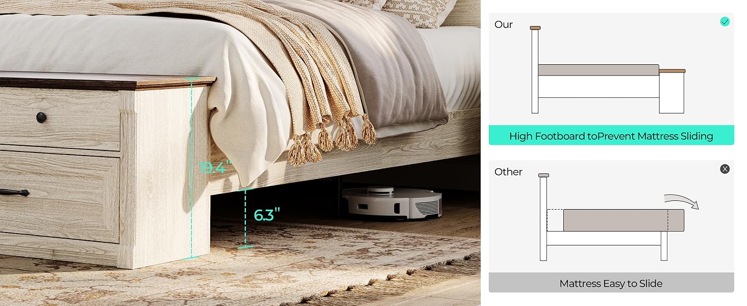 Queen Storage Bed Frame with Drawers Farmhouse Bed Frame Queen-Size with Headboard Footboard Bench