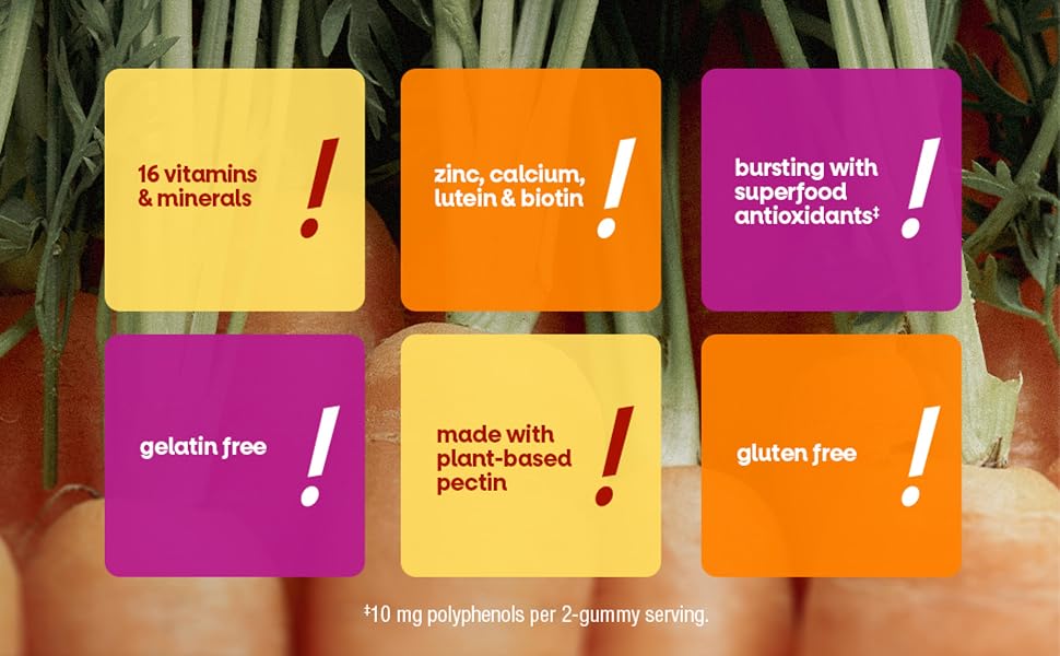 Product benefits listed in orange, yellow and pink boxes are layered on top of a carrot background