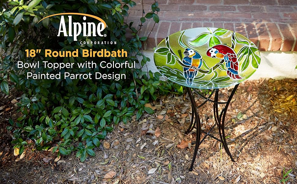 KPP602T-18 - Round Outdoor Bidrdbath Bowl Topper with Colorful Painted Parrot Design