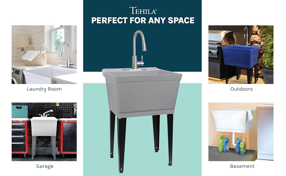 Tehila Utility Sink Laundry Tub for Laundry Room Basement Garage Outdoors