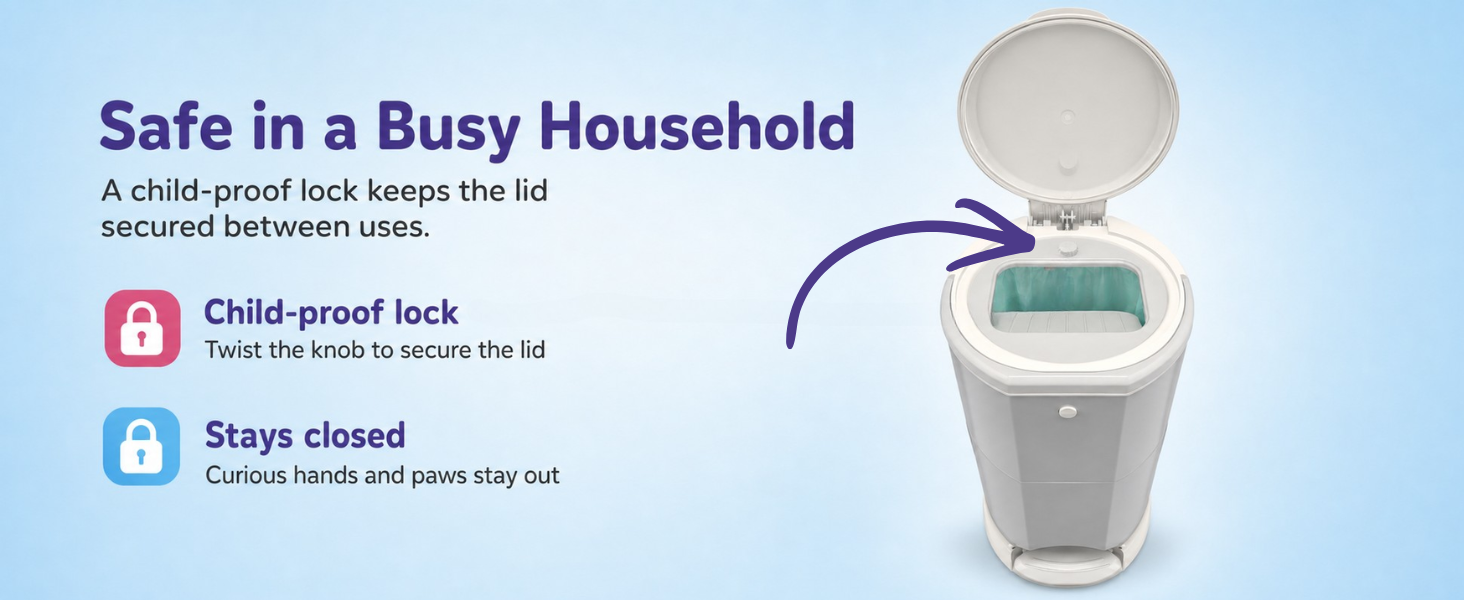 Child-proof locking knob on the open lid of the Litter Champ cat litter container