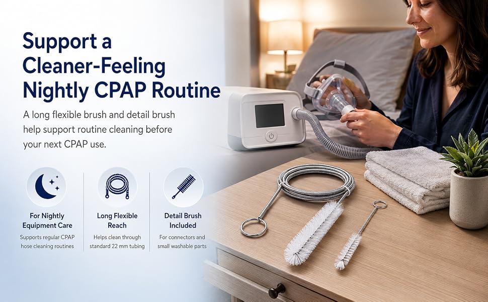 22 mm CPAP hose cleaning brush with white nylon bristles and flexible long-reach steel core.