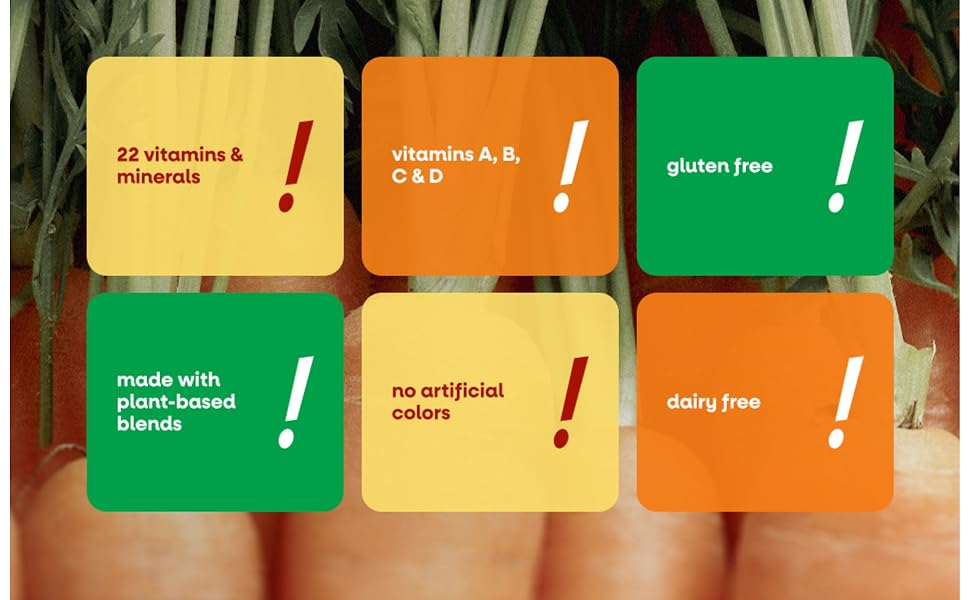 Orange, yellow, green text boxes on top of a carrot background