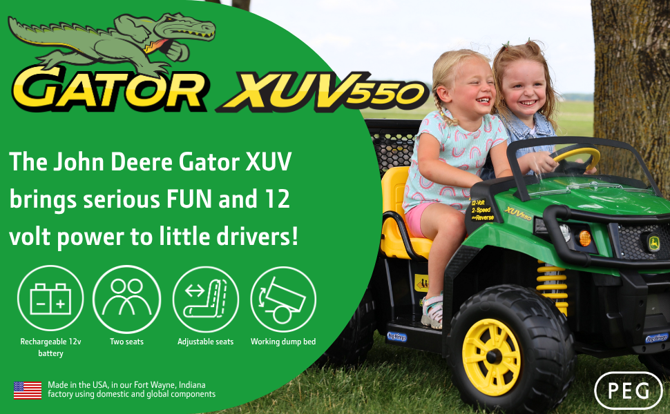The John Deere Gator XUV brings serious FUN and 12 volt power to little drivers!