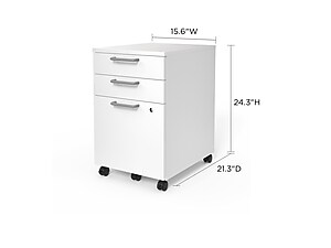 front angled view of white file cabinet with dimensions