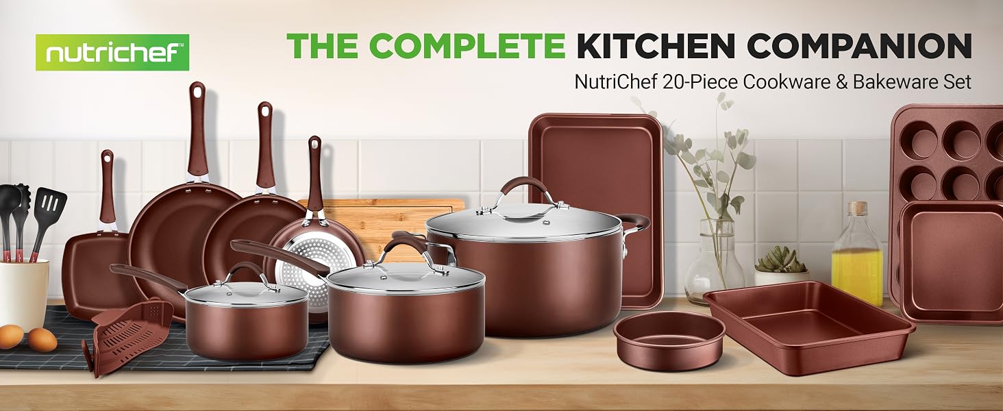 NutriChef 20-piece brown cookware and bakeware set with pots, pans, muffin tray, and utensils