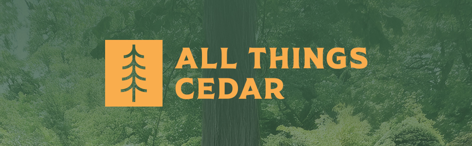 Logo with a cedar tree icon and the text "ALL THINGS CEDAR" in yellow on a green background