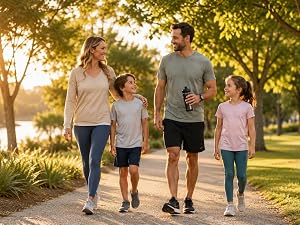 Family enjoying an active morning walk in a sunny park