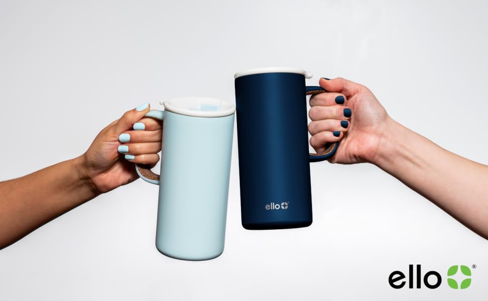 Ello Jane 18oz Ceramic Travel Mug with Handle, Splash-Resistant Slider Lid and Built in Coaster