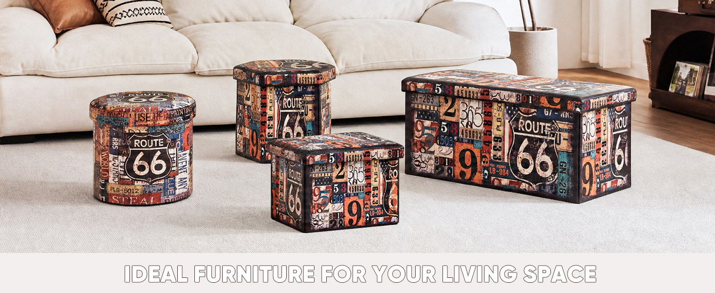 Text reads 'Route 66 - Americana Collection Worldwide'. Five decorative storage ottomans with Route 66 graphic patterns displayed in a beige living room setting.