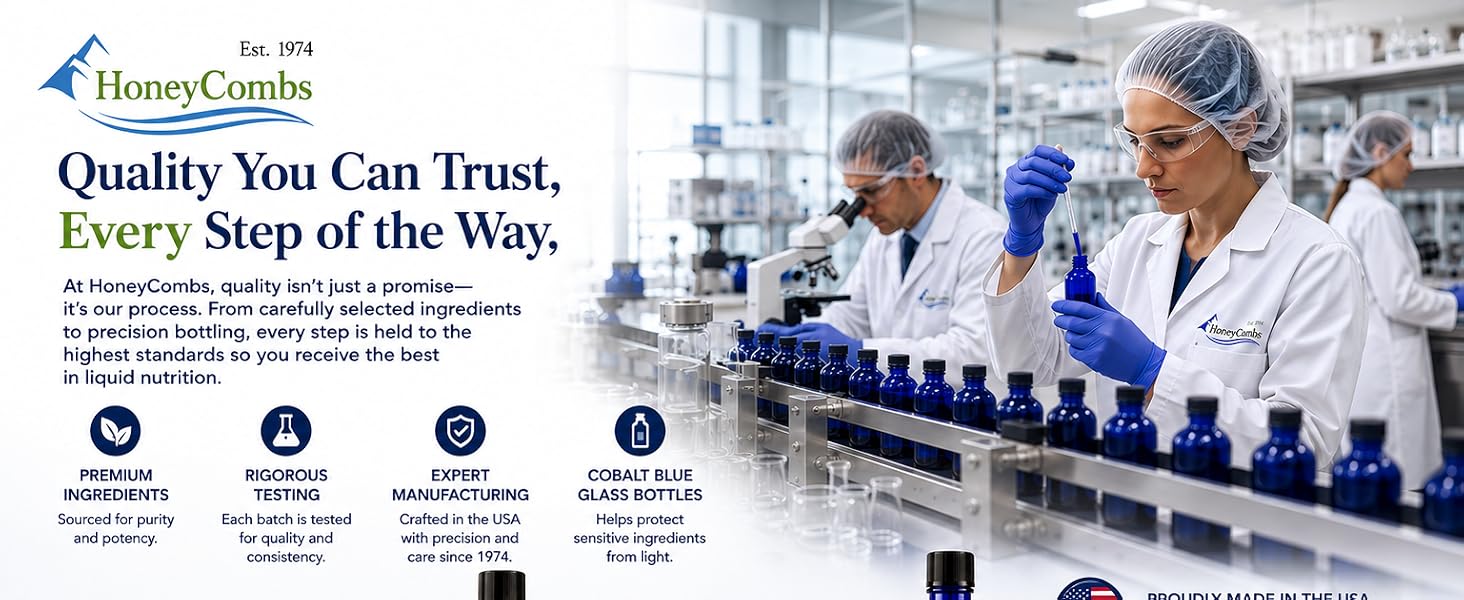technicians inspecting cobalt blue liquid supplement bottles