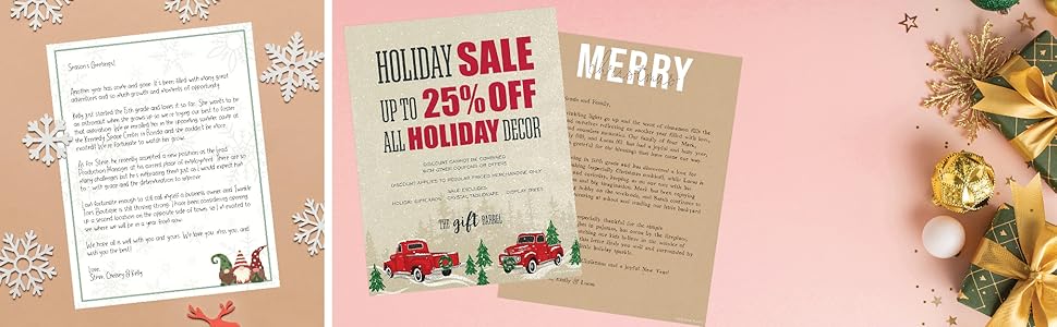Three different Christmas holiday themed letterheads with business promos and letters on them
