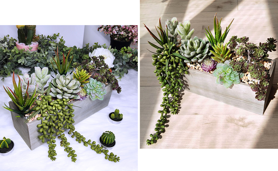 Artificial Pre-Made Succulent Wood Planter Arrangement