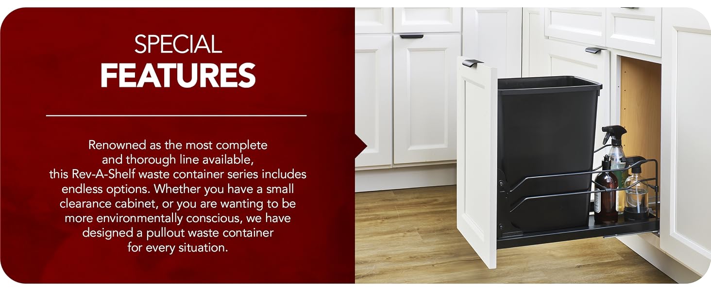 Pullout waste container shown beside product feature text.