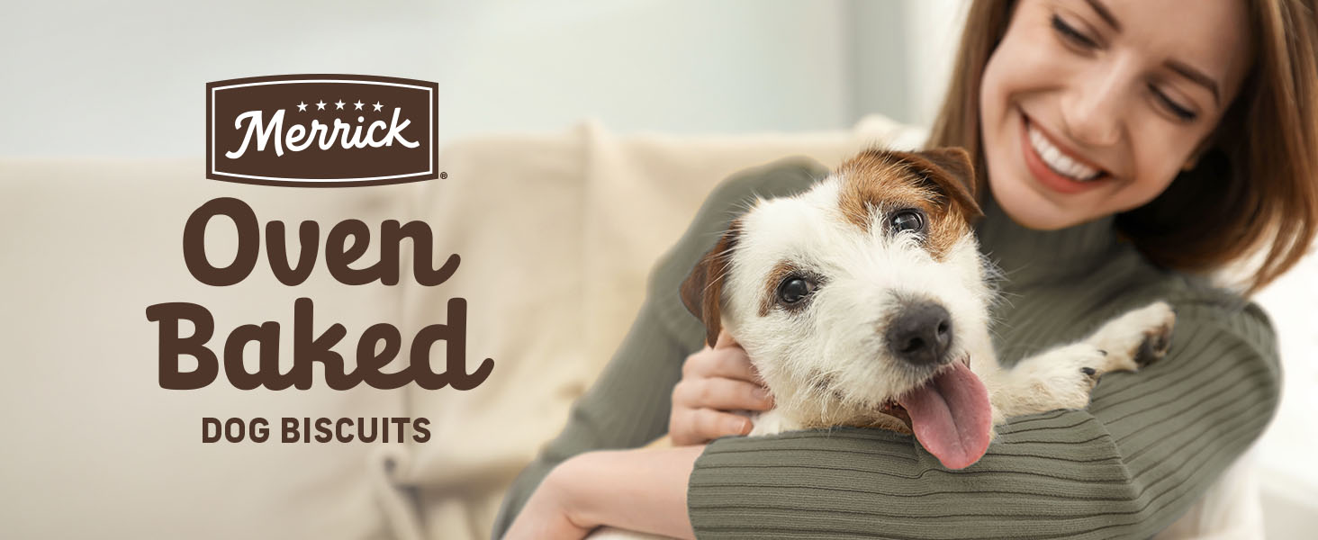 Dog and owner sit on a couch with a &amp;#39;Merrick&amp;#39; logo placed to the left of them