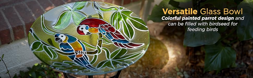 KPP602T-18 - Round Outdoor Birdbath Bowl Topper with Colorful Painted Parrot Design