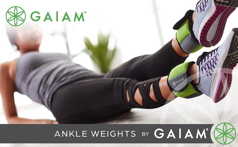Gaiam soft adjustable ankle and wrist weights worn during home strength training workout