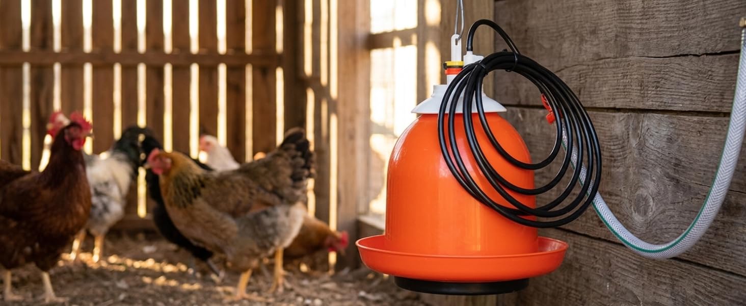 bell matic waterer hanging in a chicken coop with chickens connected to tubing water supply