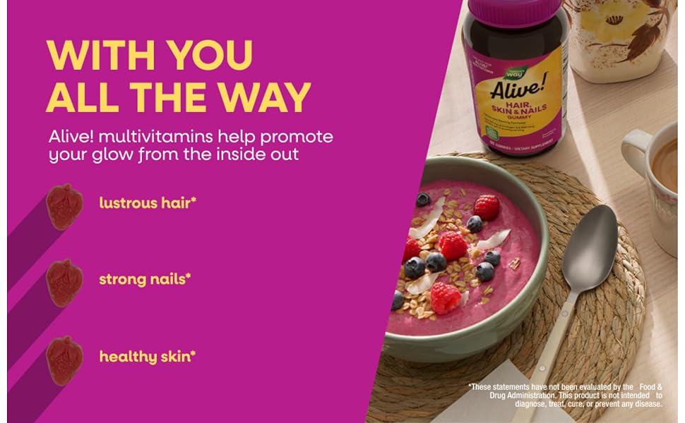 Bottle of Alive! Hair, Skin &amp; Nails Gummies next to a smoothie bowl and cup of coffee