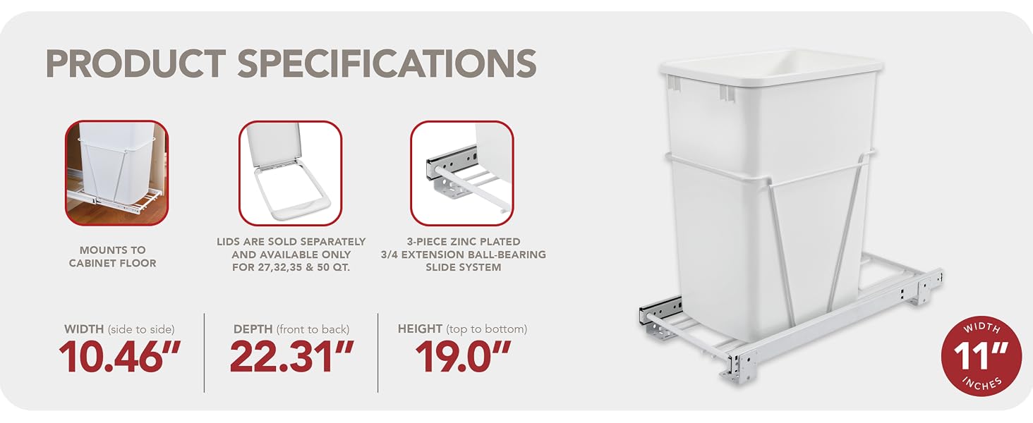 Dimensions of the Rev-A-Shelf Pullout Waste Container. Text reads: Product Specifications.