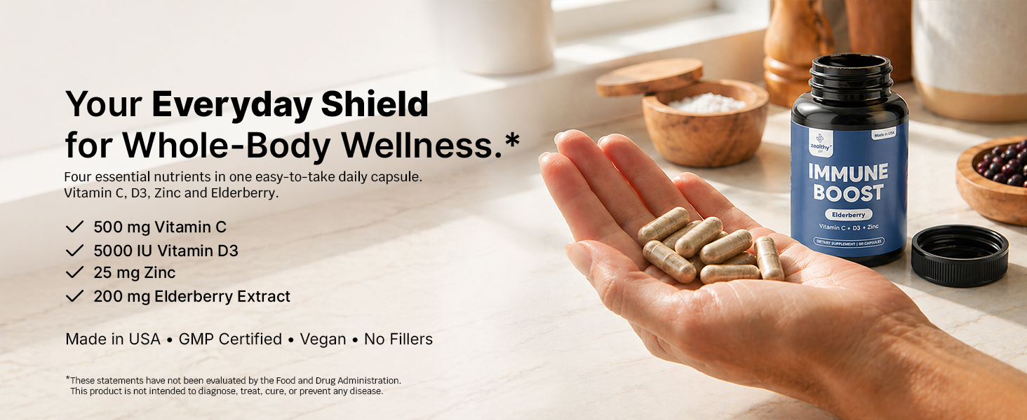 Supplement capsules in hand with Immune Boost bottle on a clean kitchen counter
