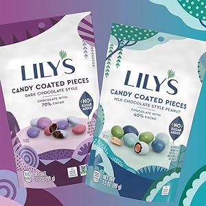 Bag of Lily's dark chocolate candy coated pieces and milk chocolate style peanut candy coated pieces