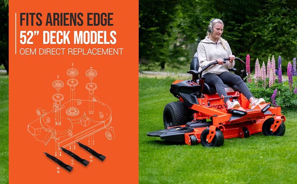 Ariens compatibility banner showing a 52” mower deck and a woman riding a zero-turn mower.