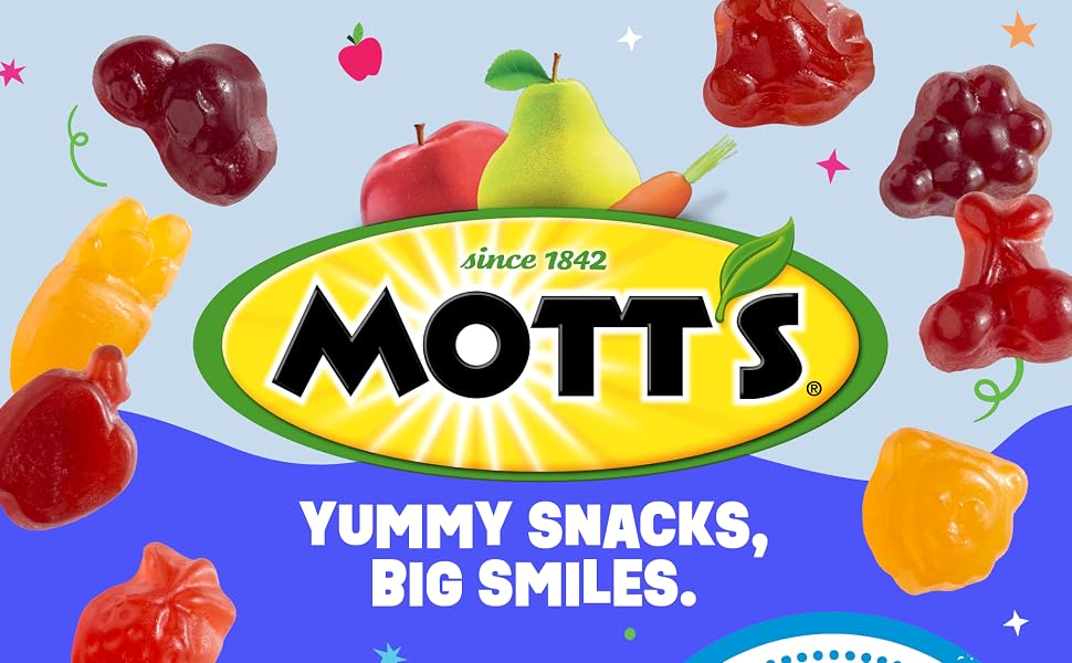 A burst of gummy fruit avored snacks and the words Mott&amp;#39;s yummy snacks, big smiles