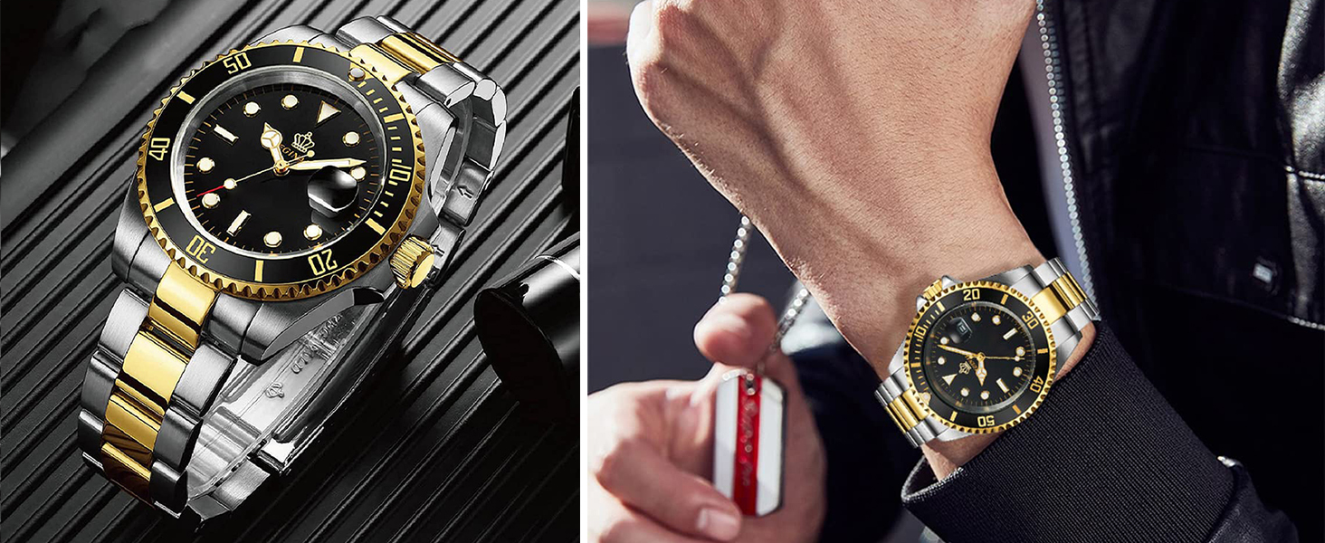 FANMIS Mens Luxury Watches Rotatable Bezel Sapphire Glass Luminous Quartz Silver Gold Two Tone Watch