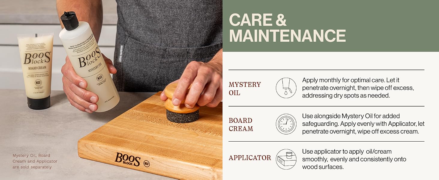 Guy holding an applicator, mystery oil w/ board cream on the side. Text reads: Care &amp;amp; Maintenance.