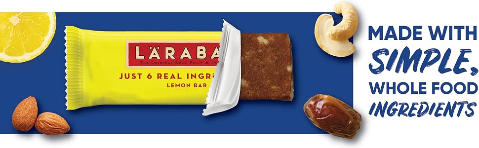 Larabar Lemon Bar partially unwrapped with almonds dates lemon and cashews beside words Made With Si