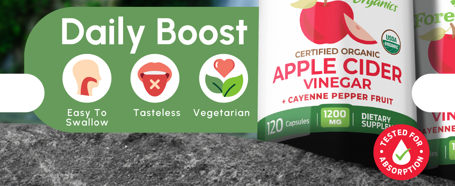 ForestLeaf Organic Apple Cider Vinegar Capsules 1200mg easy to swallow, tasteless, vegetarian