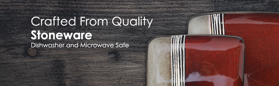 red square striped glazed stoneware double bowl dinnerware dish set for 4 microwave dishwasher safe
