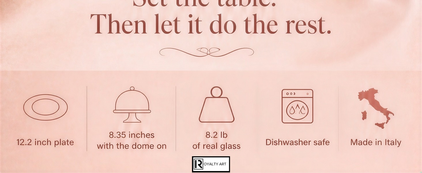 12.2 inch plate, 8.35 inches with dome, 8.2 lb, dishwasher safe
